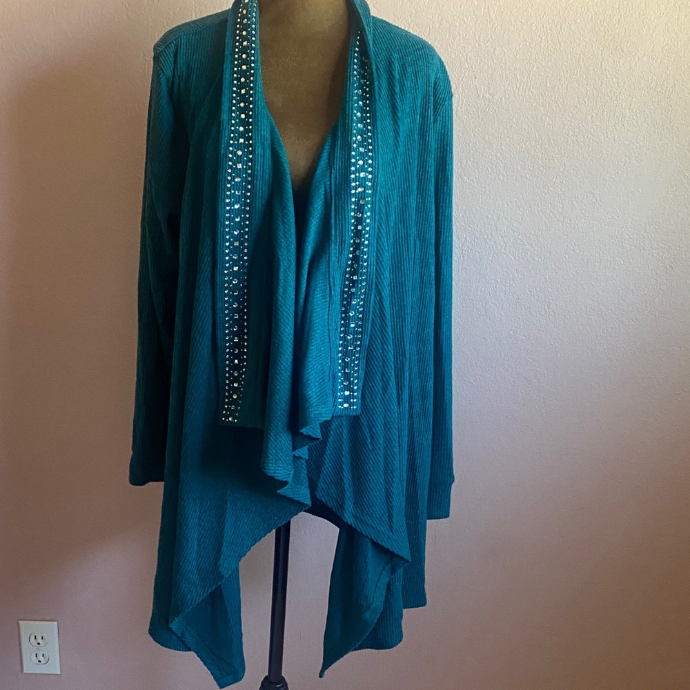 New York Laundry Teal Cardigan with Studded Trim